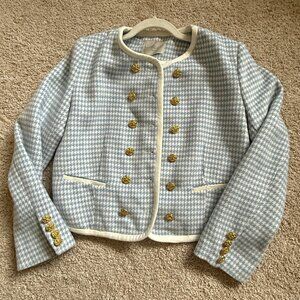Light Blue Houndstooth Cropped Jacket w/ Gold Buttons – Excellent Condition
